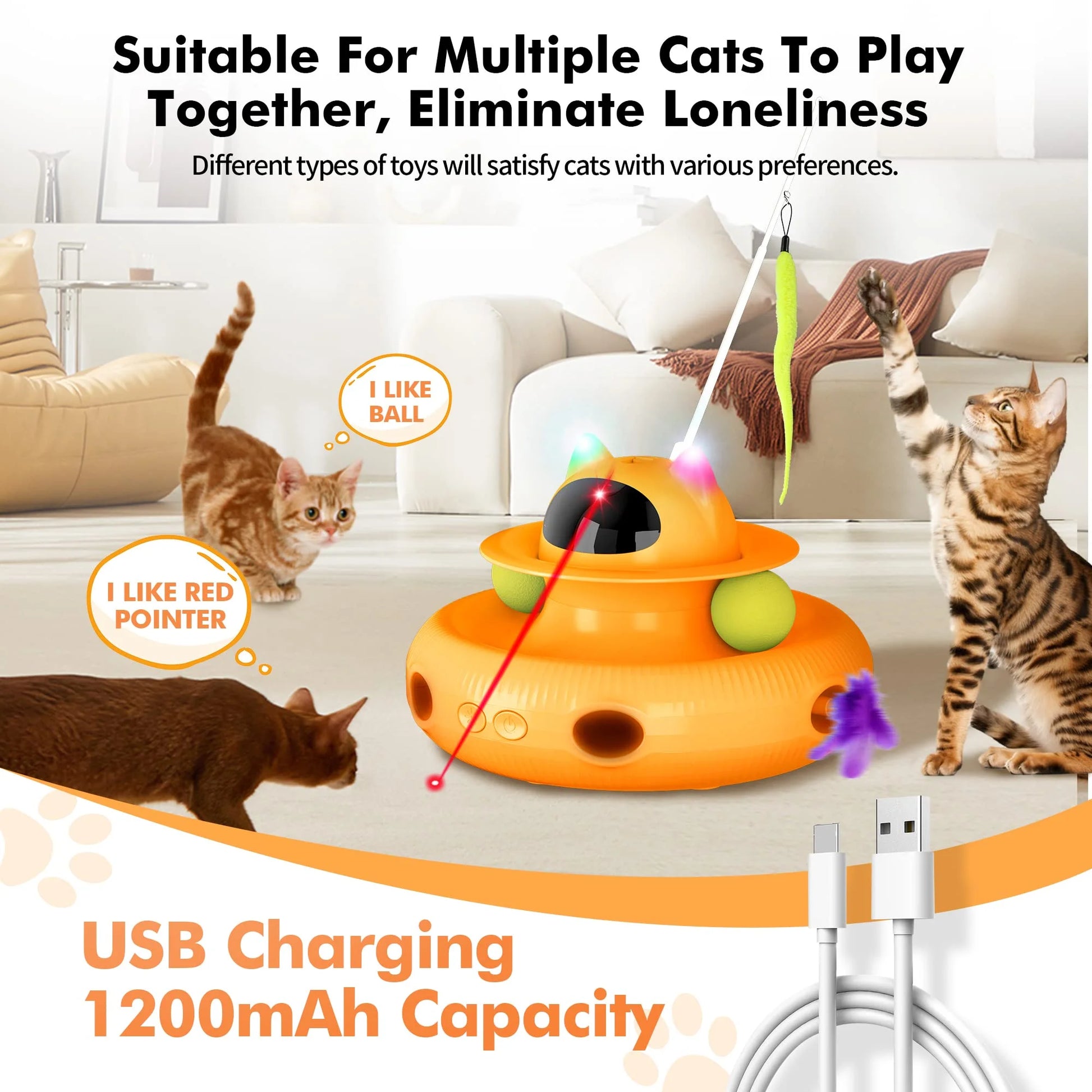 Interactive Cat Toys, Laser Kitten Toy for Indoor Cats, Cat Feather Mice Toys, Pets Smart Electric Cat Toys-Orange