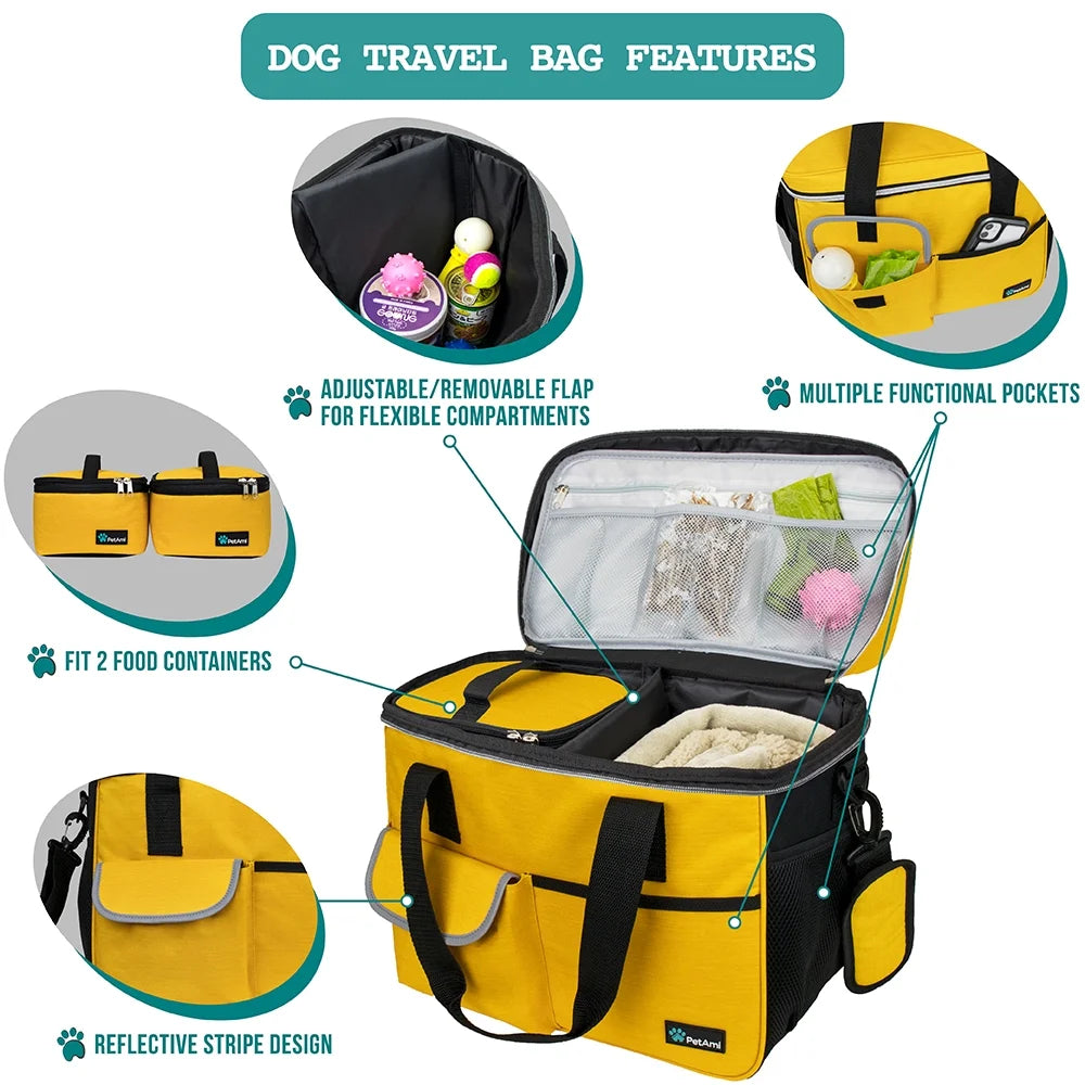 Medium Dog Travel Bag with Food Containers and Bowls, Yellow, 22 L Limit