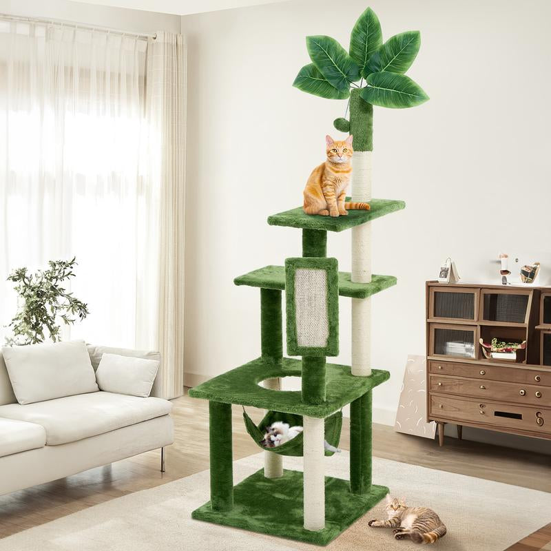 【Valentine'S Day Gift】Wecharmer Cat Tree / Tower for Indoor Cats with Green Leaves, Cat Condo Cozy Plush Cat House with Hang Ball and Leaf Shape Design, Cat Furniture Pet House with Cat Scratching Posts