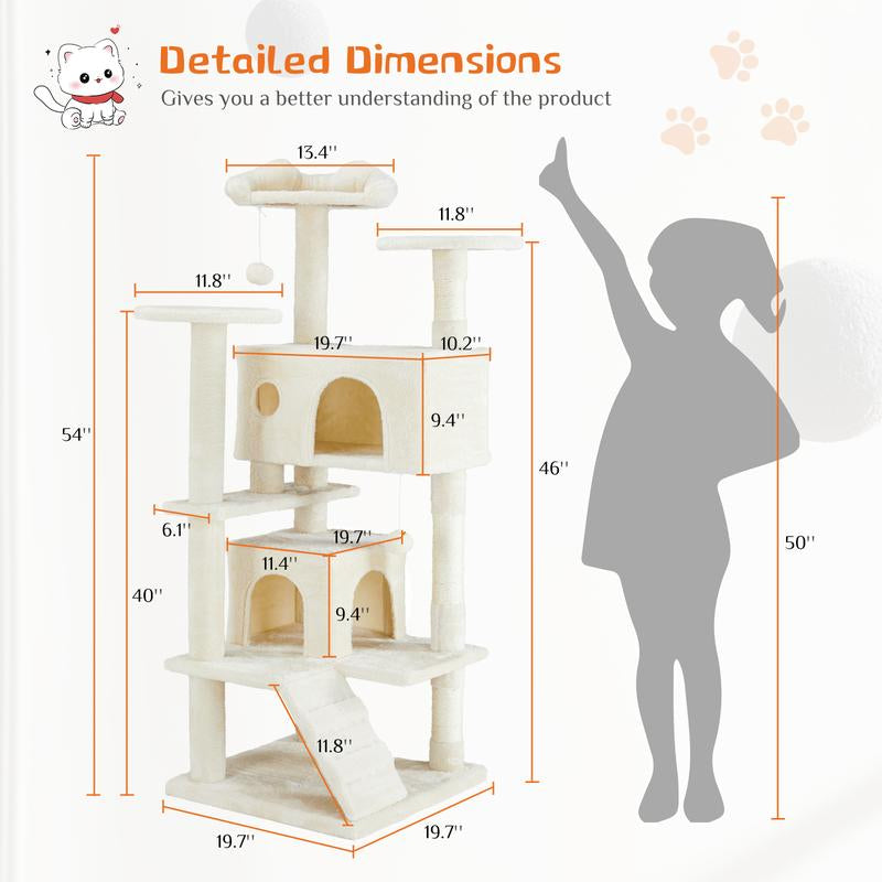 [Deal Limited] Futurelove 54In Tall Multi-Level Cat Tree Tower for Indoor Cats, Stable Kitty Play House Pet Furniture with Sisal Scratching Post, Large Condo, Climbing Ladder, Plush Toy for Kitten