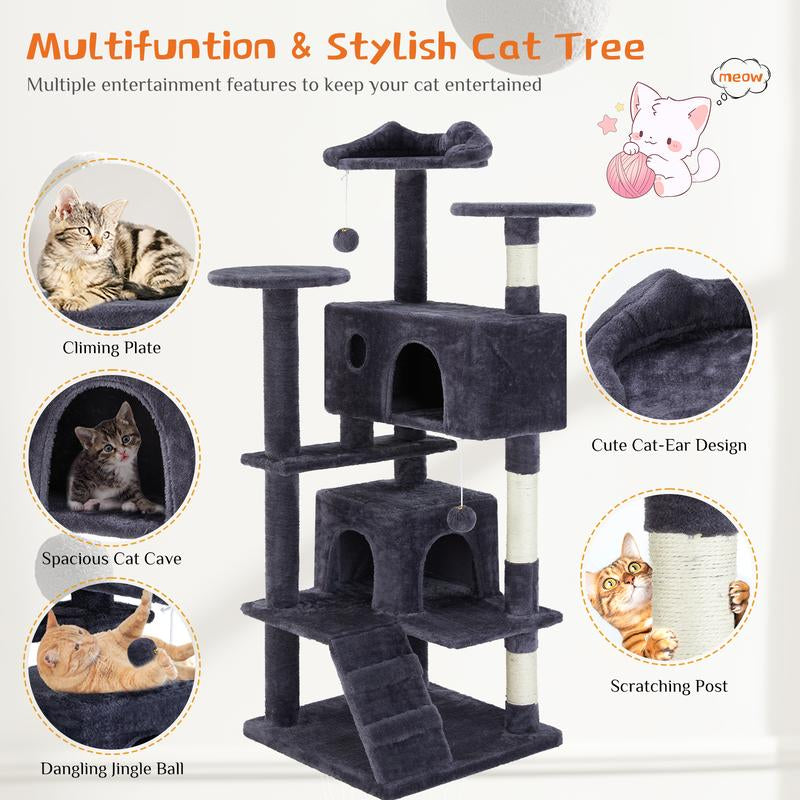 [Deal Limited] Futurelove 54In Tall Multi-Level Cat Tree Tower for Indoor Cats, Stable Kitty Play House Pet Furniture with Sisal Scratching Post, Large Condo, Climbing Ladder, Plush Toy for Kitten