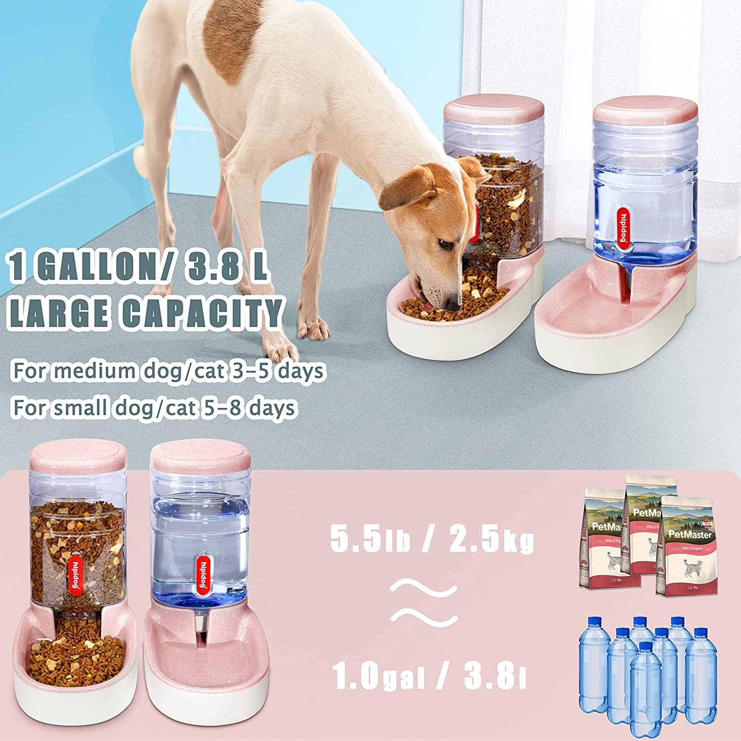 Pets Cats Dogs Automatic Waterer and Food Feeder 3.8 L with 1 Water Dispenser and 1 Pet Automatic Feeder (Light Pink)