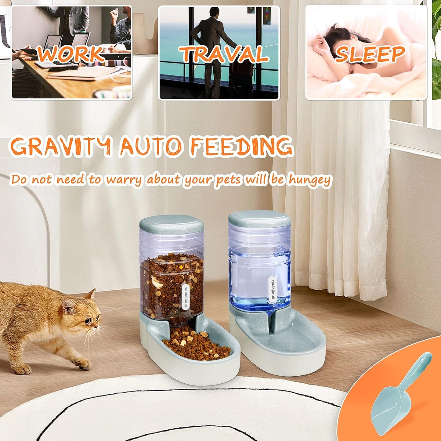 Gravity Cat Feeder and Cat Water Dispenser Automatic Dog Food Dispenser and Dog Water Bowl Dispenser Cat Bowls for Food and Water Cat Automatic Feeders for Small Medium and Big Pets 1 Gallonx 2 (Gray)